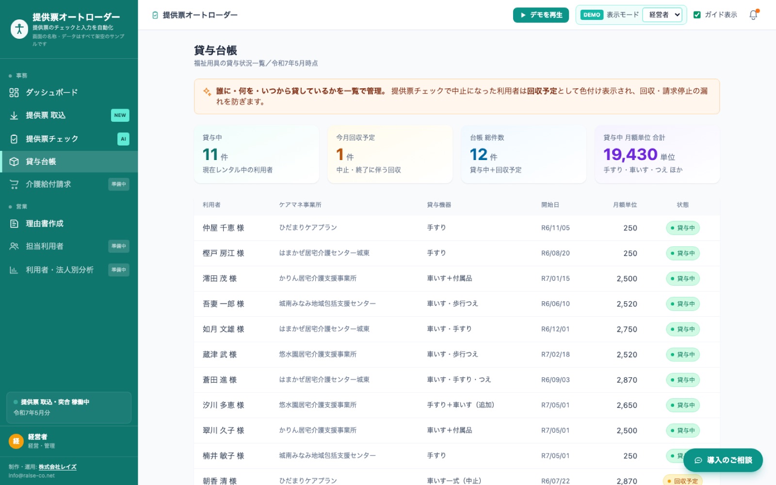 貸与台帳画面。福祉用具の貸与状況一覧と満期日（回収予定日）の検索ができる