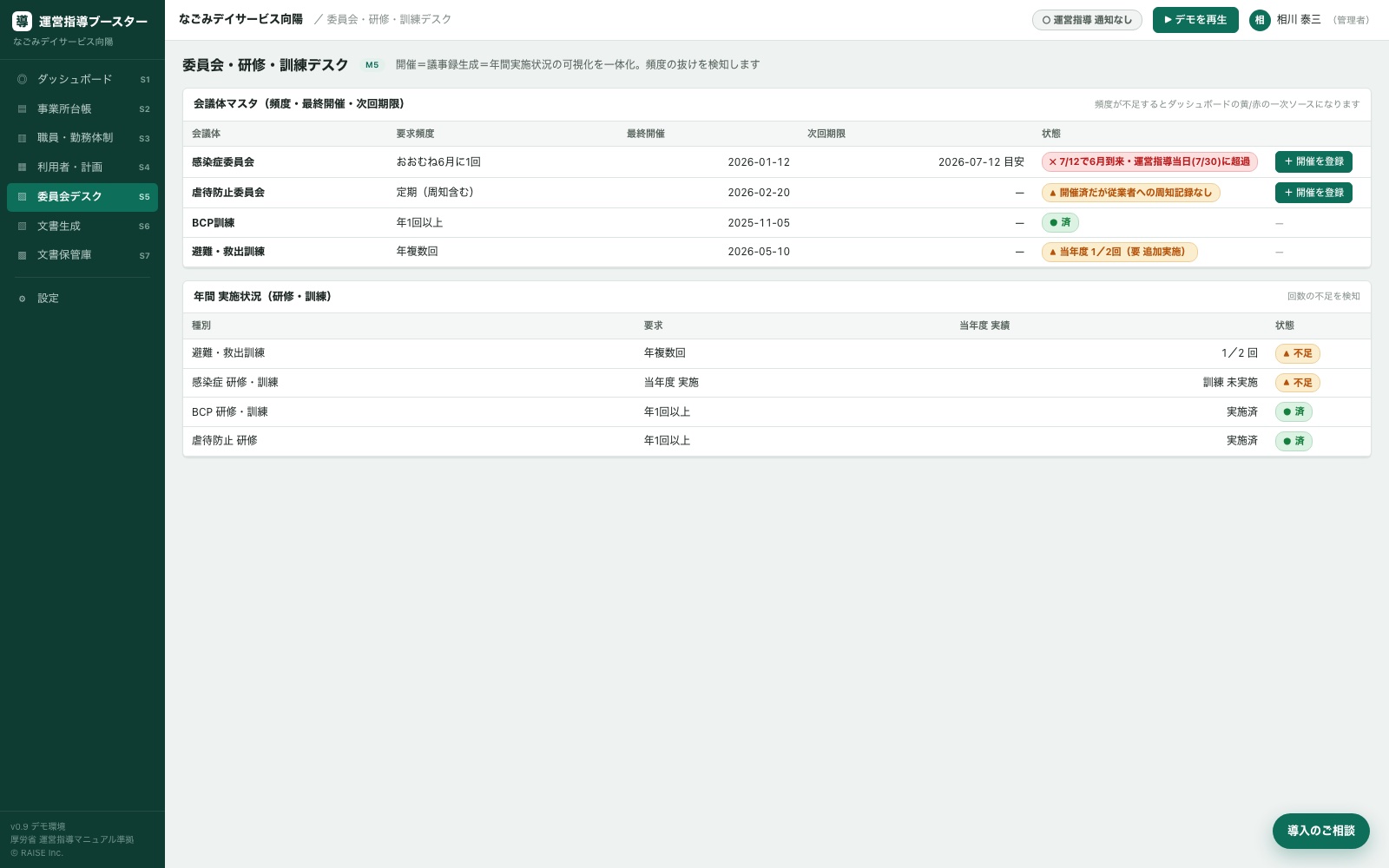 委員会・研修・訓練デスク画面。感染症委員会の期限超過を警告し、開催登録から議事録生成までを1画面で行う