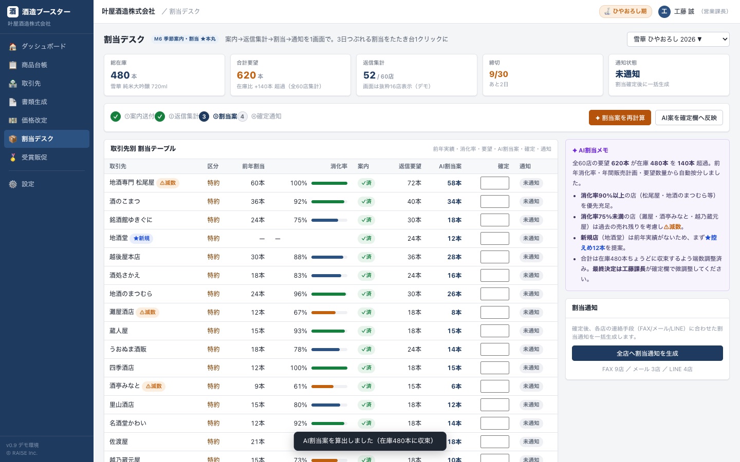 割当デスク画面。要望620本が在庫480本を超過し、AIが取引先別の割当案と根拠メモを提示している
