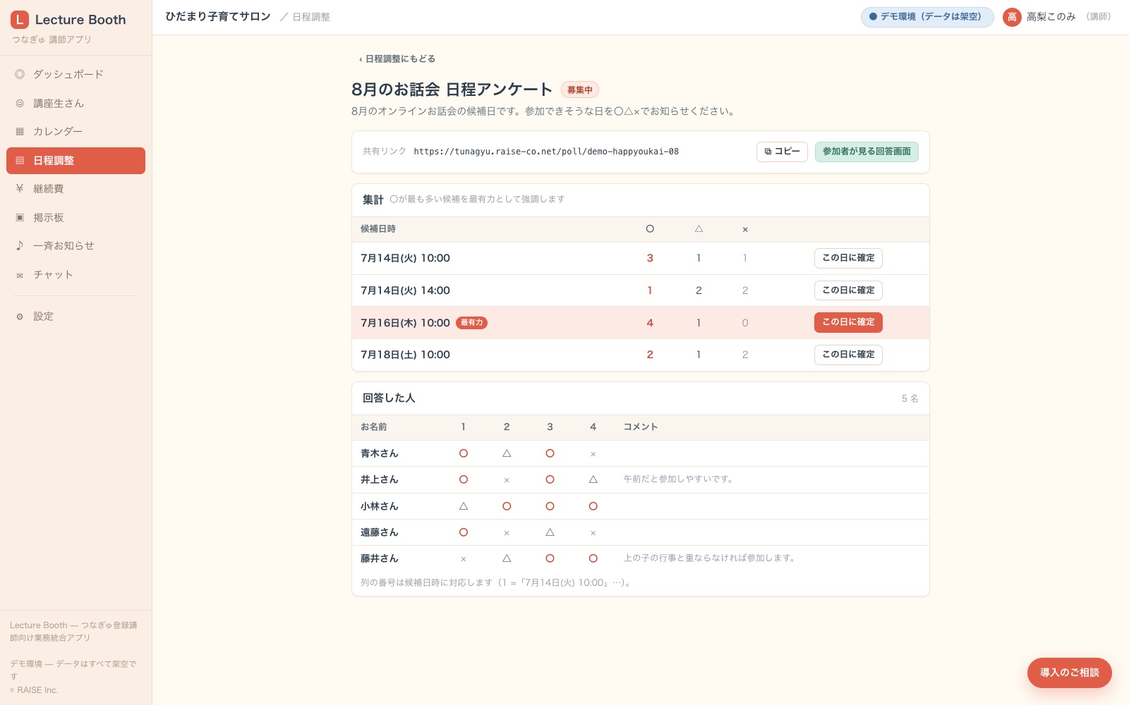 日程調整画面。候補日ごとの〇△×集計と最有力ハイライト、回答者別のマトリクスが表示されている